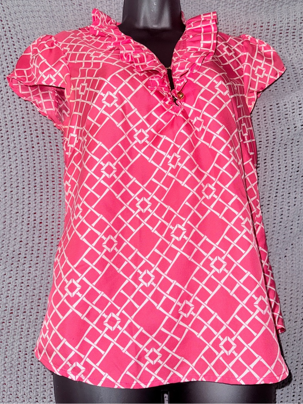 Elizabeth McKay Red and White Ruffled Mandarin Collar Blouse